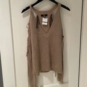 Tan misguided lace up sleeve cold shoulder sweater size 2 extra small